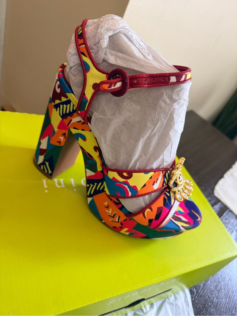 Gianni Bini Multicolor Floral Print Platform Heel with Jewel Accent